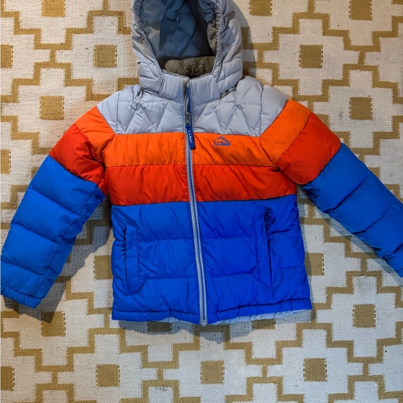 L.L. Bean Lined Down Puffer Colorblock Jacket - Gray, Blue, Orange - Picture 5 of 5